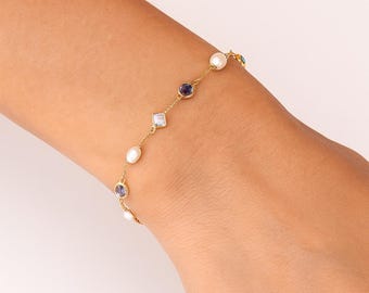 Pearl Bracelet, 14k Gold Aquamarine  and Blue Sapphire Bracelet, Gemstone Chain Station Bracelet, Everyday Minimal Gold Jewelry for Women
