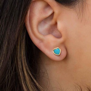 Turquoise Heart Studs 14k Gold Turquoise Bezel Set Earrings Everyday Dainty Earrings fro Women and Girls Stakcable Birthstone Earrings Gift