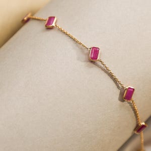 Delicate Ruby Bracelet, 14K Gold Station Bracelet for Women, Dainty July Birthstone Jewelry, Adjustable Layering Gemstone Bracelet