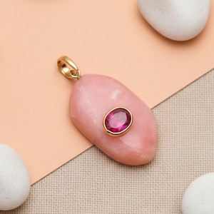 Colgante abstracto de ópalo rosa y rubí para collar, dije de oro macizo de 14k con gema, joyería de dos piedras para mujer, colgante de diseño único