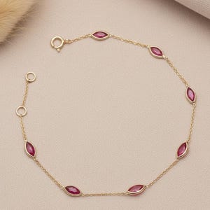 Ruby Station Bracelet 14k Gold Minimal Gemstone Bracelet for Women Dainty Adjustable Yard Bracelet Layering Birthstone Gift Bracelet