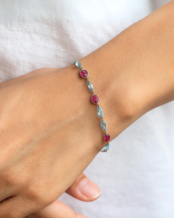 Beaded Station Gemstone Bracelet, Natural Ruby and Swiss Blue