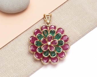 Emerald & Ruby Floral Pendant for Necklace, 14k Gold Two-Stone Handmade Jewelry, Lightweight May/July Birthstone Jewelry gift for Her