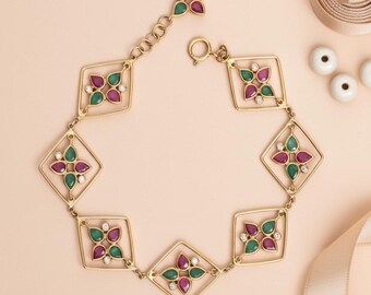 Filigree Gemstone Bracelet, 14K Gold Statement Bracelet, Natural Emerald & Ruby Jewelry, Lightweight Gold Bracelet, Unique Gift for Women