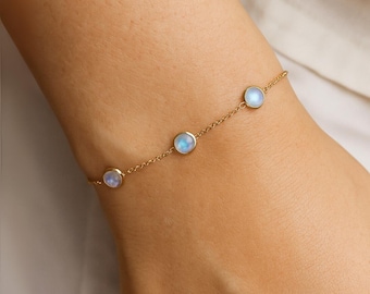 Moonstone Station Bracelet, 14k Gold Bezel Set Gemstone Jewelry, July Birthstone Gift, Minimal Adjustable Chain Bracelet for Women and Girls