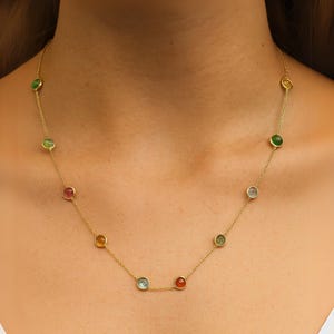 Multi Tourmaline Necklace 14k Gold Colorful Station Necklace for Women Minimal Gemstone Necklace for Layering Stackable Birthstone Jewelry