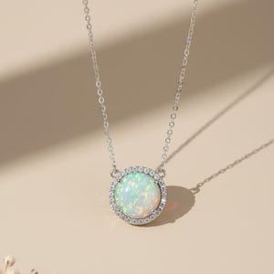 Dainty Round Ethiopian Opal Pendant Necklace Everyday 925 Sterling Silver Necklace Delicate October Birthstone Jewelry Gift for Women Girls