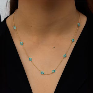 Floral Station Necklace, 14K Gold Turquoise Necklace, December Birthstone Gift Jewelry, Delicate Multi-Strand Layering Necklace for Women