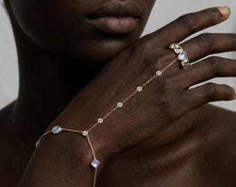 Rainbow Moonstone 18k Gold Hand Chain Wedding Jewelry, Minimal Gift for Bride/Bridesmaid, Dainty June Birthstone Bracelet Ring Set for Her