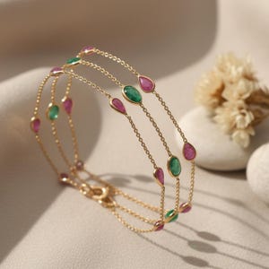 14k Gold Station Bracelet, Natural Emerald and Ruby Multi-Strand Bracelet, Minimal Gemstone Jewelry for Women, Dainty Chain Link Bracelet