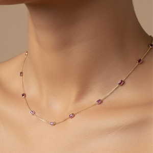 Ruby Station Necklace, 10k 14k 18k Gold Gemstone Jewelry, Minimal July Birthstone Necklace Gift for Her, Dainty Stackable Necklace for Women