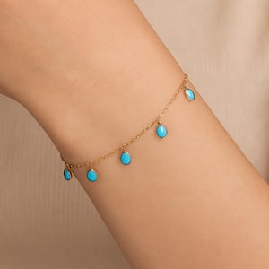 Turquoise Charm Bracelet, 14K Gold Station Gemstone Bracelet, Adjustable Layering Bracelet for Women, December Birthstone Jewelry Gift