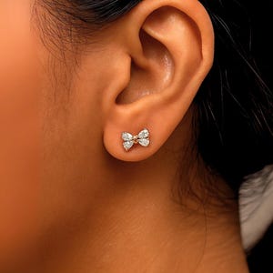 14k Gold Bow Earrings, Lab Grown Diamond Bow Studs, 9k Gold Minimal Earrings, Minimalistic Jewelry for Girls and Women, Dainty Earrings
