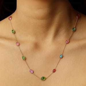 Multi Tourmaline Station Necklace, 14K Gold Gemstone Chain, Minimal Jewelry for Women, October Birthstone, Multi strand Layering Necklace