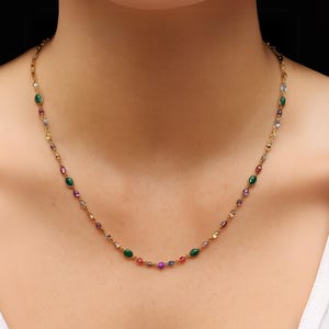Multi-Gemstone Beaded Necklace, 14k Gold Rainbow Gemstone Chain Necklace, Dainty Layering Jewelry, Emerald & Sapphire Necklace for Women