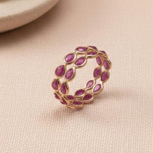 Ruby Eternity Band Ring, 10k 14k 18k Gold Gemstone Double Layer Eternity Ring, July Birthstone Jewelry for Girls Women, Stackable Ruby Ring