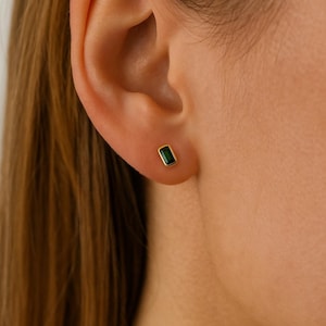 Green Tourmaline Stud Earrings, Minimal 14K Gold Earrings, October Birthstone Jewelry, Dainty Studs for Women or Girls, Everyday Earrings