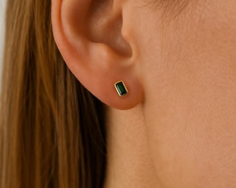 Dainty 14K Gold Green Tourmaline Stud Earrings: October Birthstone