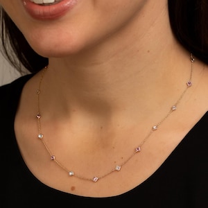 14K Gold Multi Sapphire Station Necklace Minimalist Gemstone Chain for Layering Stacking Birthstone Jewelry Gift for Women Colorful Necklace