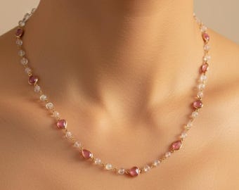 Collar con cuentas de piedra lunar arcoíris y turmalina rosa, collar de oro de 14k de dos piedras para combinar, delicado regalo de joyería con piedra natal para ella