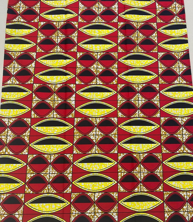 Yellow African Geometric Print Fabric \u2022 Sold by the Yard African Wax Fabric \u2022 Red