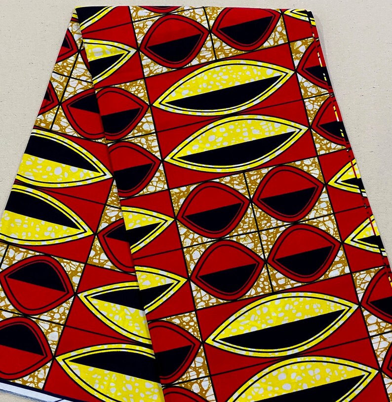 Yellow African Geometric Print Fabric \u2022 Sold by the Yard African Wax Fabric \u2022 Red
