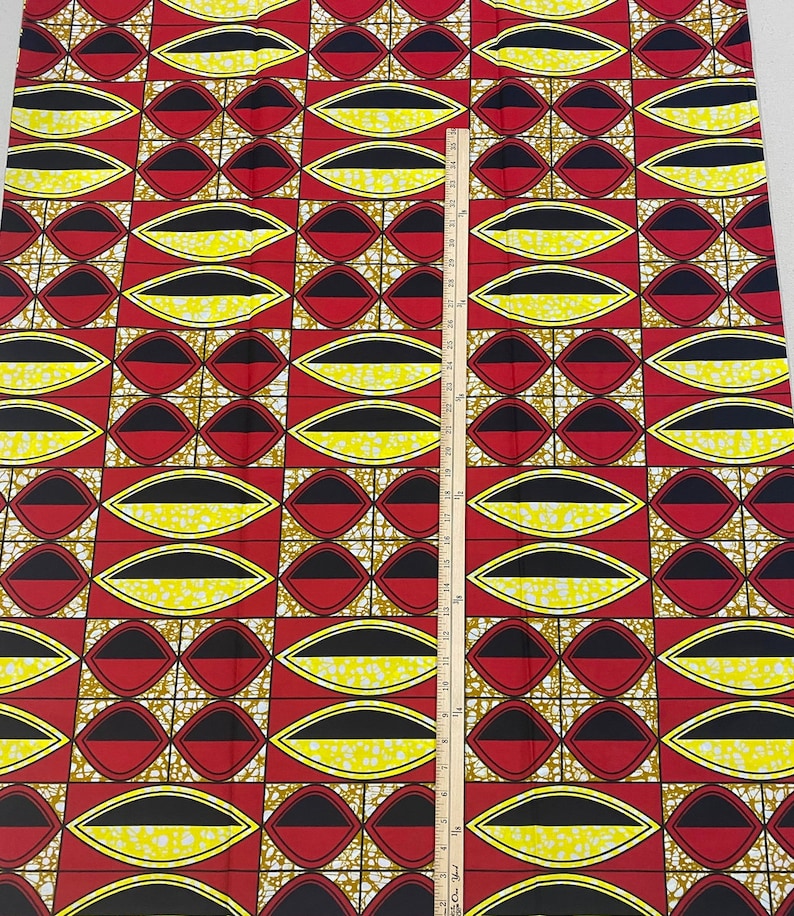 Yellow African Geometric Print Fabric \u2022 Sold by the Yard African Wax Fabric \u2022 Red