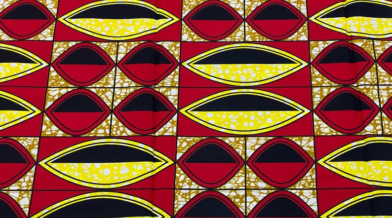 Yellow African Geometric Print Fabric \u2022 Sold by the Yard African Wax Fabric \u2022 Red