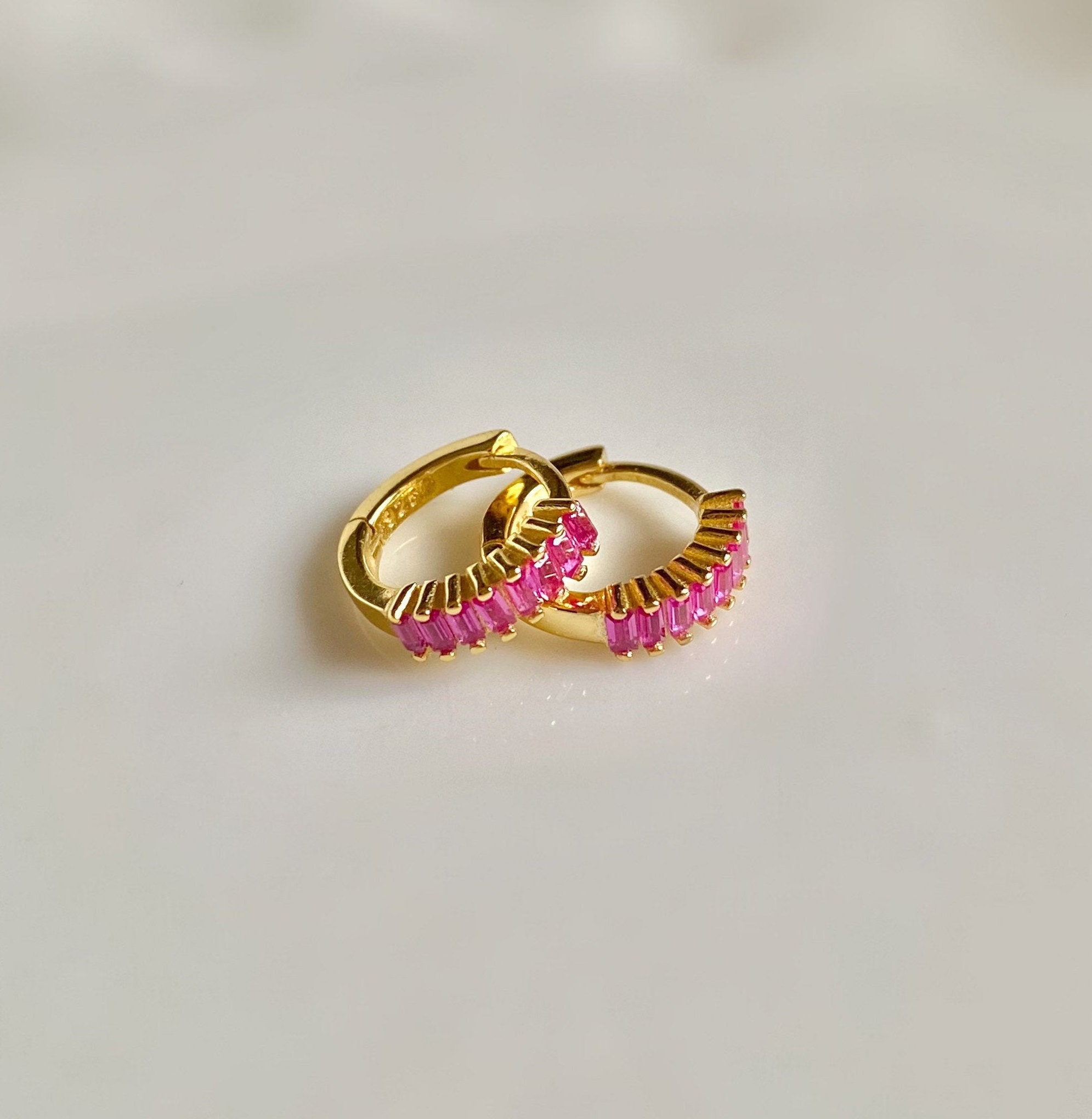 Cz Hoops / Pink Stone Earrings / Tiny Hoop Earrings / Dainty | Etsy
