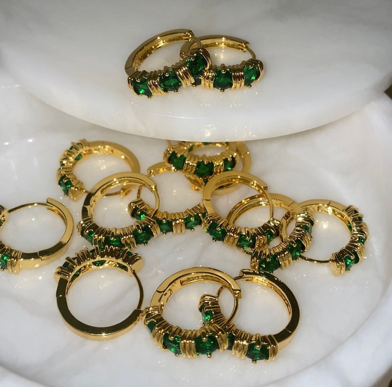 Green Hoop Earrings / Green Gem Earrings / Diamond Hoop Etsy