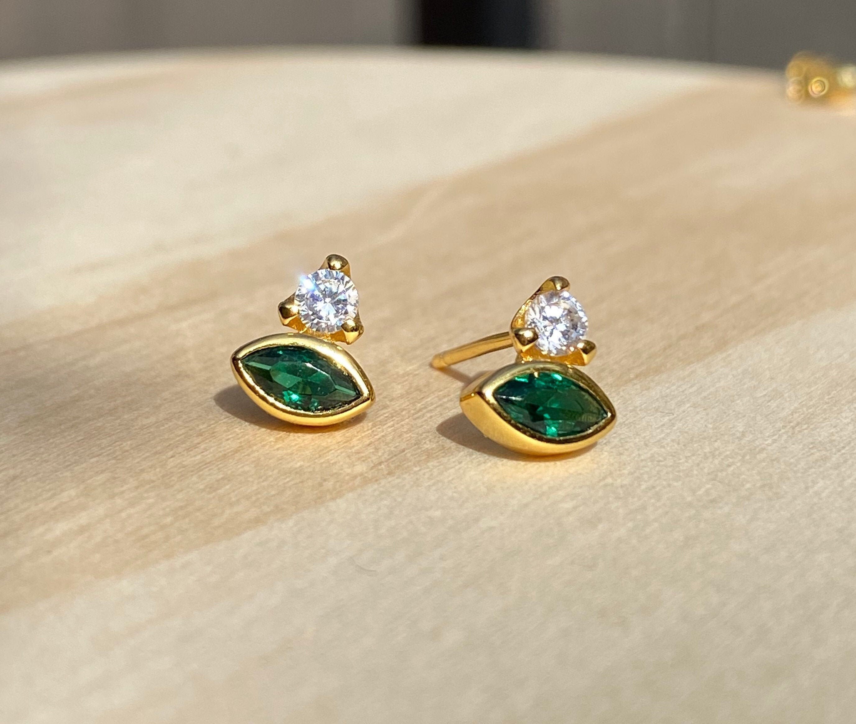 Green Stone Earrings / Gold Filled Studs / Dainty Green Etsy