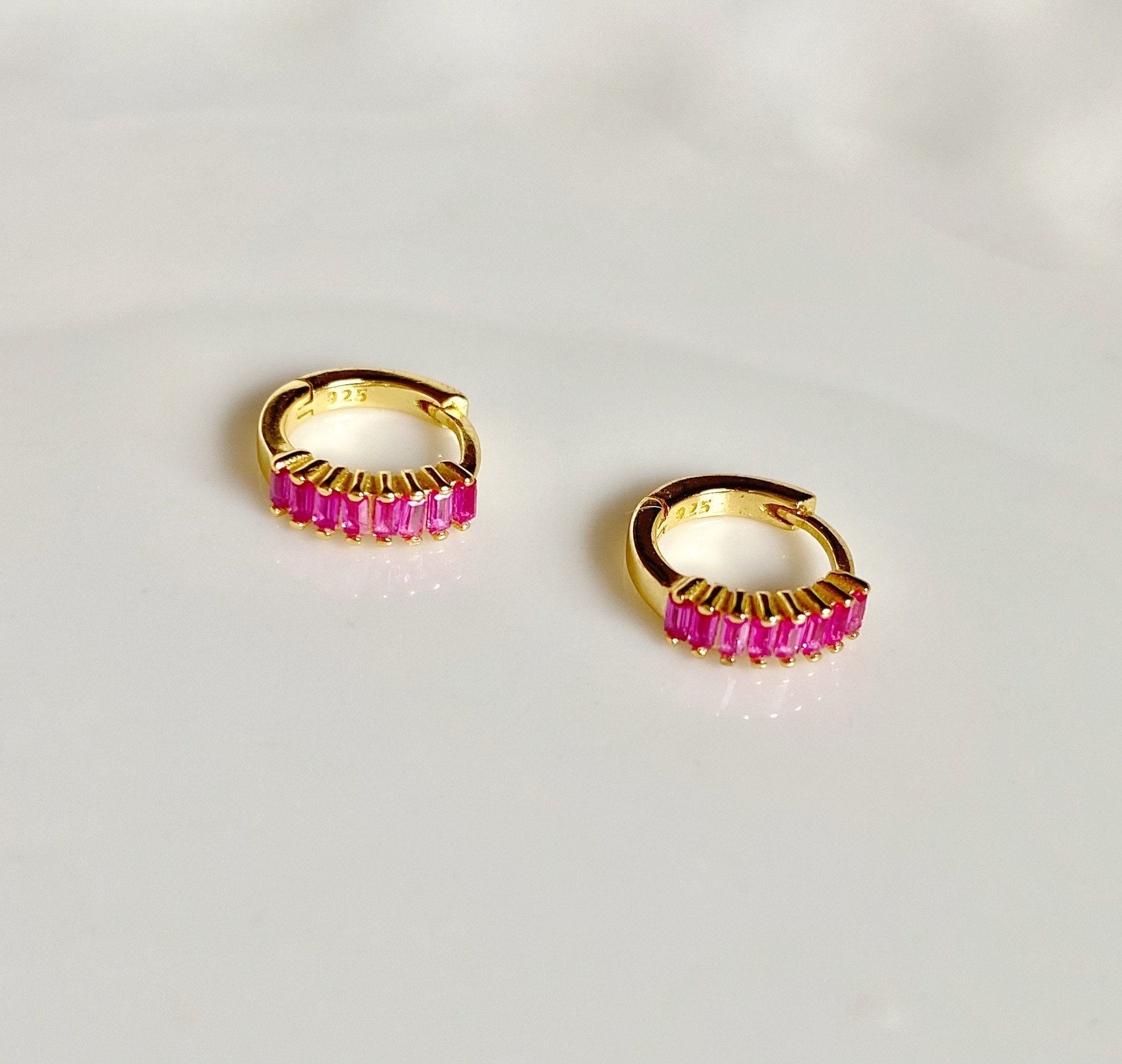Cz Hoops / Pink Stone Earrings / Tiny Hoop Earrings / Dainty Etsy