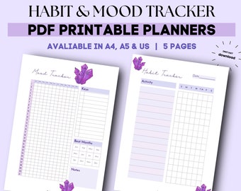 Habit Mood Tracker | Habit Tracker Undated | Weekly Mood Tracker Printable | Habit Tracker Digital Download | Purple Printable Habit Tracker
