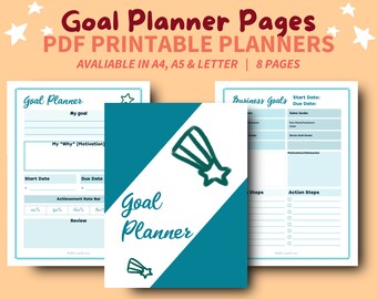 Teal goal printable planner pages | vision board | task tracker | digital goal setting planner | productivity and time management planner