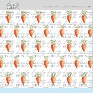 Puede incluir: Un patrón sin costuras con un diseño repetido de zanahorias naranjas con tapas verdes sobre un fondo blanco. El texto "dainty cuts co" se repite en todo el patrón.