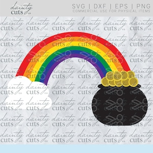 May include: A vibrant image of a rainbow, cloud, and pot of gold. The rainbow displays red, orange, yellow, green, blue, and purple. A black pot is filled with gold coins. Text at the top reads "SVG | DXF | EPS | PNG COMMERCIAL USE FOR PHYSICAL ITEMS."