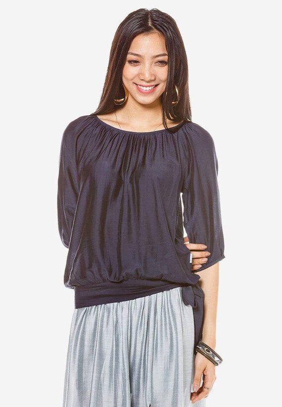 Dark Blue Silk Shirt/ Silk Linen Shirt With Ribbon Round Etsy