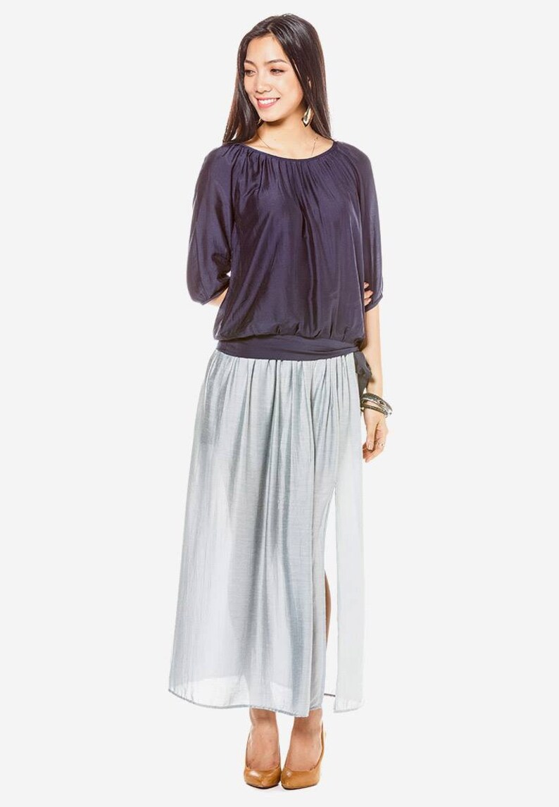 Dark Blue Silk Shirt/ Silk Linen Shirt With Ribbon Round Etsy