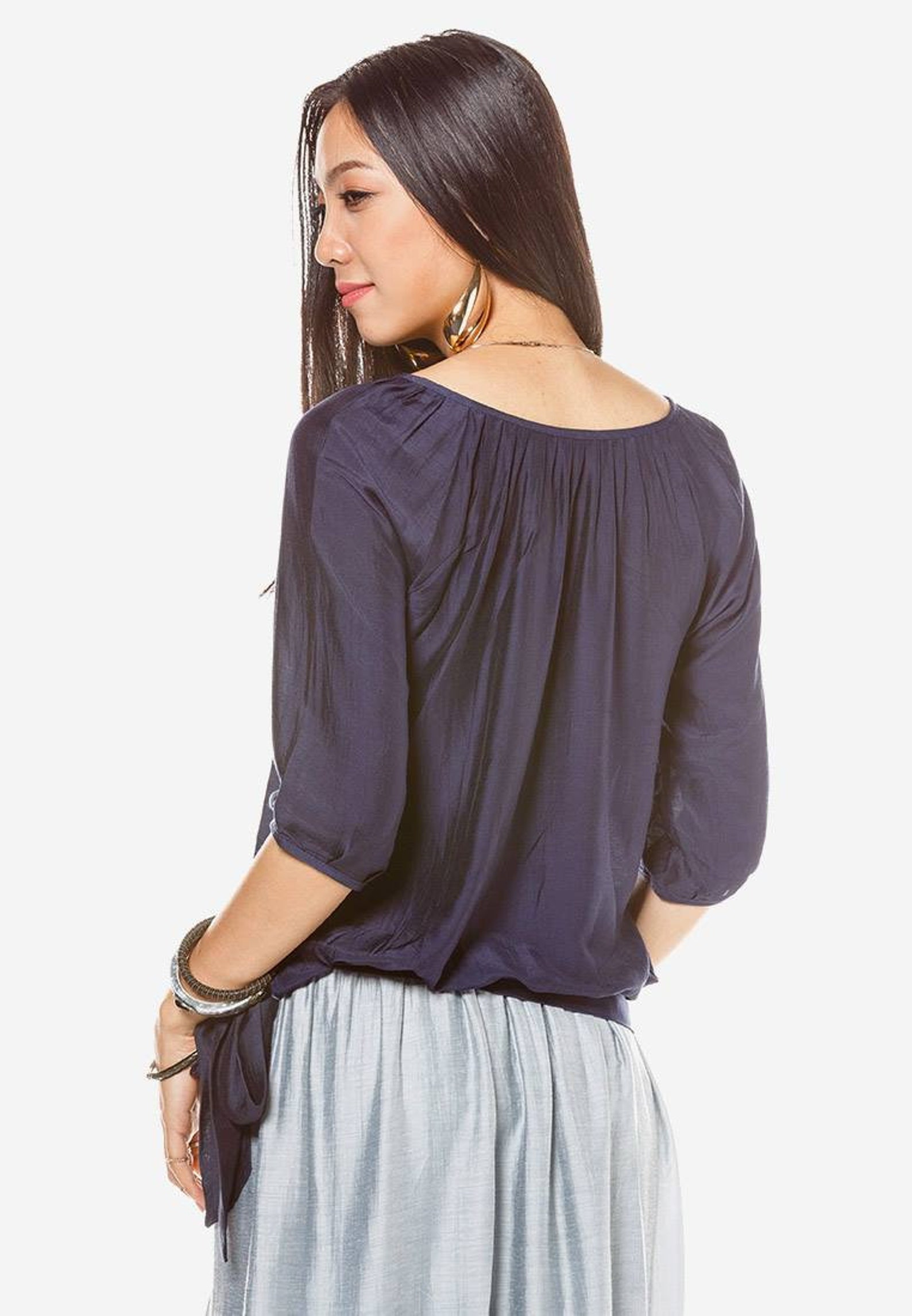 Dark Blue Silk Shirt/ Silk Linen Shirt With Ribbon Round Etsy