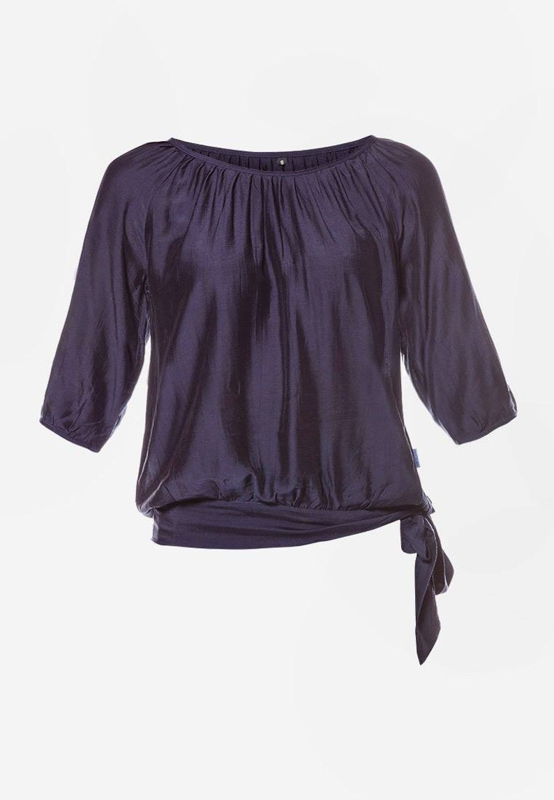 Dark Blue Silk Shirt/ Silk Linen Shirt With Ribbon Round Etsy