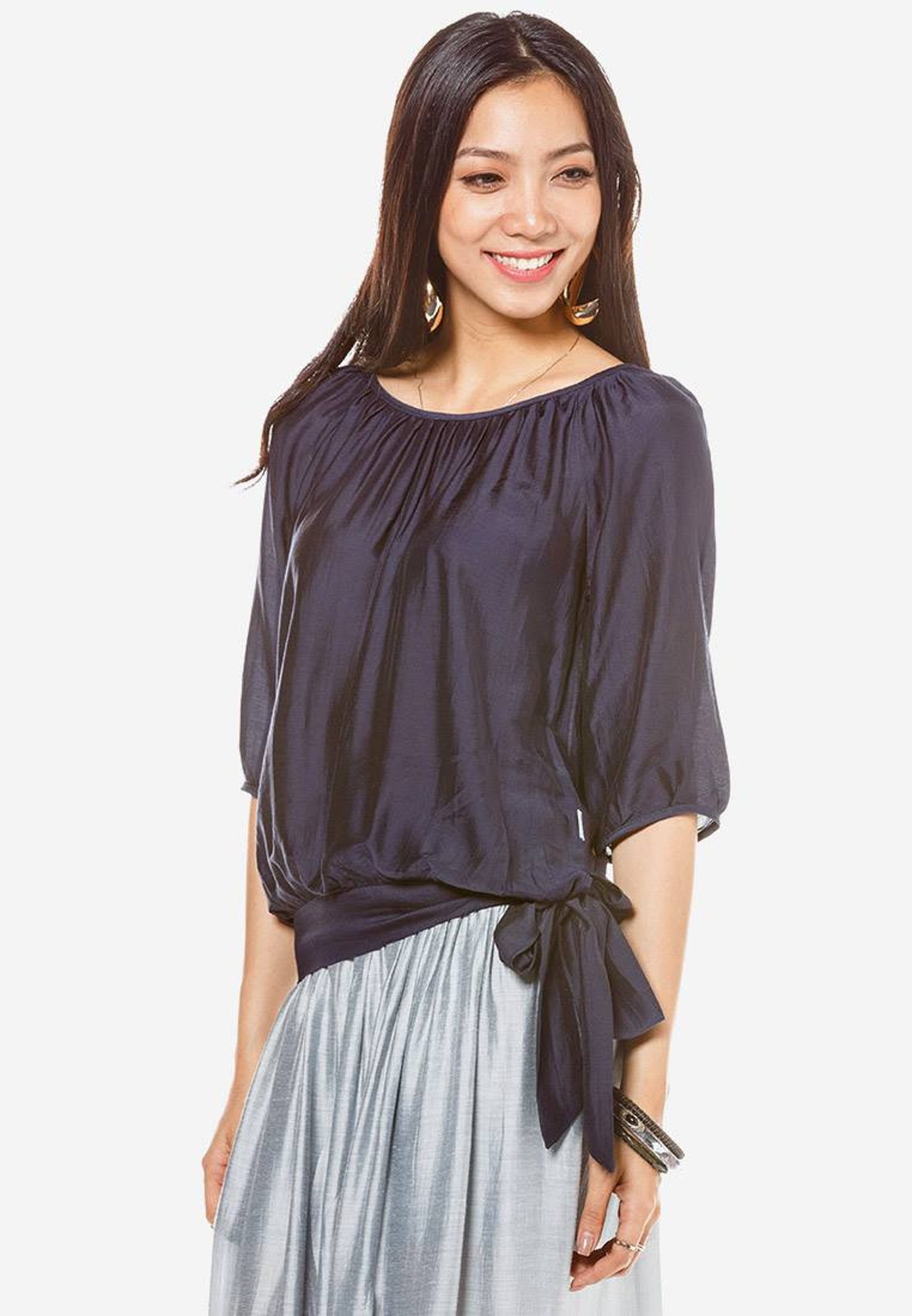 Dark Blue Silk Shirt/ Silk Linen Shirt With Ribbon Round Etsy