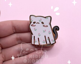 Flower Cat Sheet Ghost Enamel Pin | Spooky Pin | Kawaii Pin | Pastel Pin | Enamel Pin | Hard Enamel Pin | Skull Pin | Pastel Goth