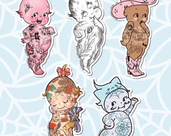 Tattooed Kewpie Doll Stickers | Kawaii Sticker | Laptop Sticker | Die Cut Sticker | Art | Water Bottle Sticker | Pastel Sticker |