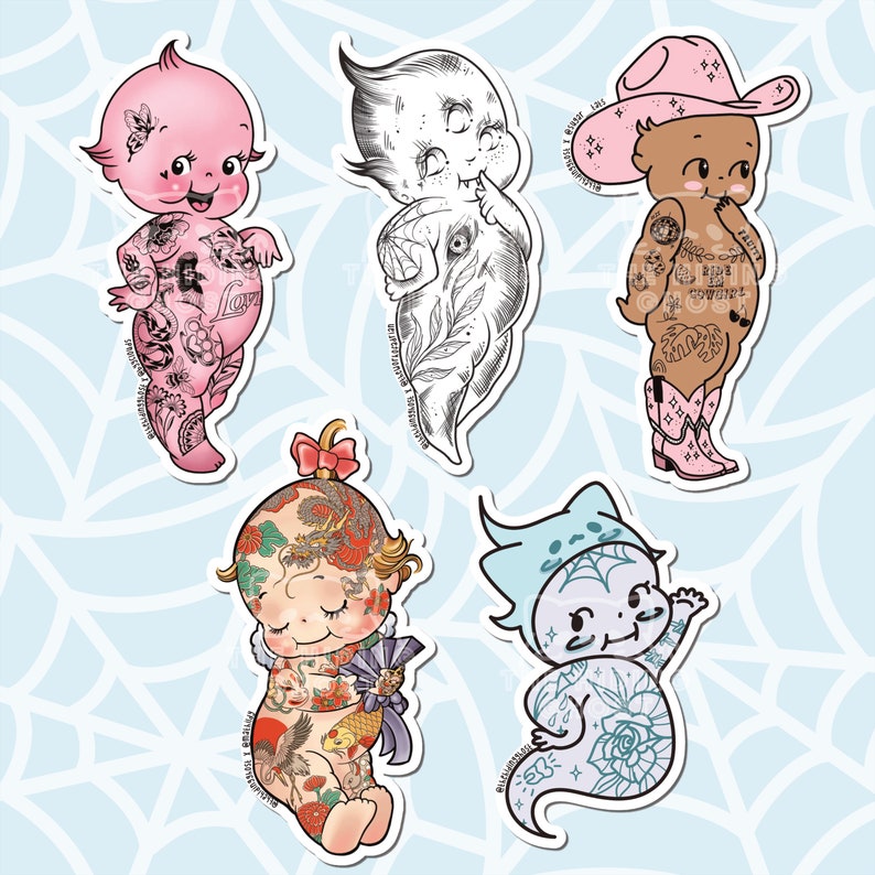 Tattooed Kewpie Doll Stickers Kawaii Sticker Laptop Sticker Die Cut Sticker Art Water Bottle Sticker Pastel Sticker Whole Set