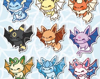 May include: Nine colorful stickers featuring cartoon creatures with bat-like wings. The creatures are in various colors, including blue, yellow, orange, black, brown, purple, green, and pink. Each sticker has a white border and a unique design.