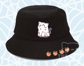 Black Cat Sheet Ghost Bucket Hat | Fashion Hat | Embroidery | Kawaii Hat | Unisex | Cotton Hat | Trendy Hat | Summer | Beach Fashion |