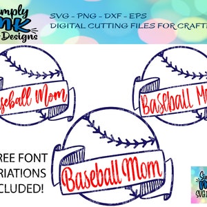 Puede incluir: Tres variaciones de una pelota de béisbol con una pancarta roja que dice "Baseball Mom" en un contorno blanco. La pelota de béisbol es azul con costuras blancas.