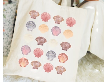 Sea Shell Tote Bag Beach Tote Bag Cotton Canvas Tote Aesthetic Tote Bag Pink Bow Tote Coastal Tote Sea Life Cool Surf Tote Everyday Bag