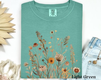 Camiseta botánica con flores de acuarela, colores cómodos, camisetas con estampado de flores silvestres, camiseta de pradera, regalo para jardineros, camiseta floral de verano