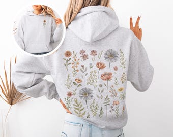 Wildflower Back Print Hoodie Pressed Flowers Preppy Aesthetic Boho Floral Graphic Hoodie Oversized Hoodies Cottagecore Sweatshirt